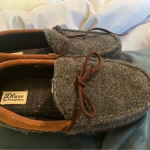 dearfoams Gray Wool Moccasin Slippers with Brown Trim